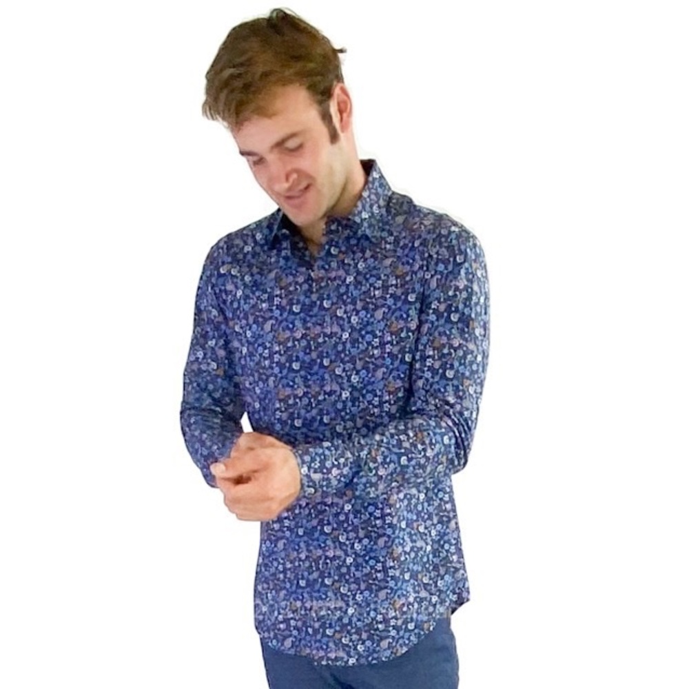 Quieti Blue Floral Paisley Button Up Shirt NWT